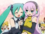  &gt;_&lt; 3girls =_= arms_up bad_id bad_pixiv_id blonde_hair blue_eyes blush closed_eyes cosplay green_hair hatsune_miku hatsune_miku_(cosplay) kagamine_len kagamine_rin long_hair lucky_star megurine_luka microphone multiple_girls open_mouth parody project_diva project_diva_(series) purple_hair sleeveless smile style_parody tonbi twintails very_long_hair vocaloid 