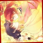  1girl bad_id bad_pixiv_id black_hair blush couple eye_contact hair_ornament hair_rings hair_stick hetero judal looking_at_another magi_the_labyrinth_of_magic ocha_(hutuumikan) pink_eyes red_eyes red_hair ren_kougyoku shawl wrist_grab 