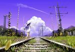  aircraft airplane blue_hair cloud condensation_trail day dress from_behind grass hat long_hair mocchi original power_lines railroad_crossing railroad_tracks sandals sky solo sun_hat sundress walking 