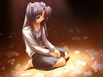  bad_anatomy barefoot clannad game_cg hair_bobbles hair_ornament ichinose_kotomi long_hair official_art paper purple_hair skirt solo two_side_up 