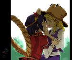  backlighting blonde_hair chin_grab closed_eyes couple eyes hat moriya_suwako multiple_girls nightea purple_hair short_hair tongue touhou yasaka_kanako yellow_eyes yuri 