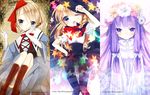  alice_margatroid bad_id bad_pixiv_id blonde_hair blue_eyes boots braid flower gloves hair_flower hair_ornament hat kirisame_marisa long_hair multiple_girls pantyhose patchouli_knowledge purple_eyes purple_hair purple_legwear shimakoma short_hair striped striped_legwear touhou witch_hat 