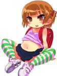  backpack bad_id bad_pixiv_id bag belly blush brown_hair hair_ribbon mano_(shampoohatter) marui_mitsuba mitsudomoe navel randoseru ribbon shoes short_hair short_twintails sitting skirt sneakers solo spread_legs striped striped_legwear tank_top thighhighs twintails zettai_ryouiki 