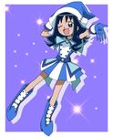  bad_id bad_pixiv_id blue_footwear blue_hair blue_skirt boots color_connection company_connection cosplay fukushima_masaru gloves hat heartcatch_precure! kurumi_erika ojamajo_doremi one_eye_closed precure purple_background senoo_aiko senoo_aiko_(cosplay) skirt solo star touei witch witch_hat 