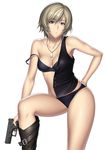  aya_brea bare_shoulders belt blonde_hair blue_eyes boots bra collarbone glock gun hand_on_hip handgun kansuke lingerie open_clothes panties parasite_eve pistol short_hair solo strap_slip underwear weapon 