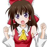  :o blush brown_hair clenched_hands detached_sleeves hakurei_reimu long_hair open_mouth purple_eyes simple_background solo takumi_(rozen_garten) touhou upper_body wide-eyed 