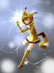  amatlas biribiri boots brown_eyes brown_hair cosplay elbow_gloves electricity gen_1_pokemon gloves grin highres misaka_mikoto pikachu pikachu_(cosplay) pokemon power_connection short_hair smile solo tail thigh_boots thighhighs to_aru_kagaku_no_railgun to_aru_majutsu_no_index 