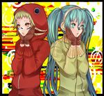  aqua_eyes aqua_hair bad_id bad_pixiv_id gloves green_eyes green_hair gumi hatsune_miku headphones hood hoodie long_hair matryoshka_(vocaloid) multicolored multicolored_eyes multiple_girls red_eyes roku_(hikokeng) short_hair twintails vocaloid yellow_eyes 