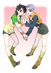  :d belt black_eyes black_hair blue_eyes blush bob_cut boots cast casual denim denim_shorts dragon_ball dragon_ball_z genderswap genderswap_(mtf) holding_hands kneehighs leaning_forward legs miniskirt multiple_girls open_mouth pinki_(shounenkakuseiya) raglan_sleeves shirt short_hair short_shorts shorts silver_hair skirt smile socks son_goten standing t-shirt trunks_(dragon_ball) wristband 