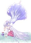  bad_id bad_pixiv_id bow closed_eyes fujiwara_no_mokou ghost hair_bow hair_over_eyes hat hug hug_from_behind kamishirasawa_keine kneeling long_hair multiple_girls oukawa_yuu sad touhou very_long_hair white_hair yuri 