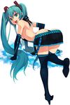  all_fours aqua_eyes aqua_hair ass back boots breasts detached_sleeves from_behind hatsune_miku high_heels highres legs long_hair looking_back miniskirt penguin_caee shoes sideboob skirt small_breasts smile solo thigh_boots thighhighs twintails vocaloid zettai_ryouiki 