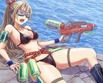  bikini boots goggles kaeru_(kaerism) long_hair lying on_back original skindentation solo swimsuit vertical_foregrip water water_gun wristband 