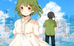  1girl alternate_costume back bad_id bad_pixiv_id black_hair city cityscape cloud contemporary day dress face food fruit green_eyes green_hair gumi hair_ornament hairclip holding komine lemon open_mouth power_lines rooftop short_hair sky standing vocaloid 
