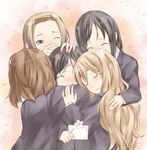  akiyama_mio bad_id bad_pixiv_id bandaid bandaid_on_forehead black_hair blonde_hair brown_eyes brown_hair flower group_hug hairband highres hirasawa_yui hug k-on! kotobuki_tsumugi long_hair multiple_girls nakano_azusa one_eye_closed school_uniform senoo_aoi short_hair tainaka_ritsu tears yuri 