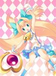  argyle argyle_background armpits bad_id bad_pixiv_id bell blazblue blonde_hair bow gloves green_eyes hairband inase_shin'ya long_hair muchourin platinum_the_trinity quad_tails solo staff symbol-shaped_pupils two_side_up 