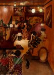  cat funaoka japanese_clothes kimono lamp mirror multiple_girls original phonograph ponytail room sepia sitting 