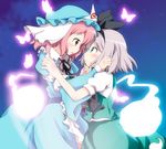  aqua_eyes blush bug butterfly chin_grab eye_contact ghost glowing hat hitodama insect konpaku_youmu konpaku_youmu_(ghost) looking_at_another massala multiple_girls pink_eyes pink_hair saigyouji_yuyuko short_hair silver_hair touhou yuri 