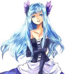  akr_et arm_hug bad_id bad_pixiv_id bangs bare_shoulders blue_eyes blue_hair blunt_bangs breasts cleavage corset detached_sleeves dress gwendolyn hair_down hair_ornament long_hair medium_breasts odin_sphere open_mouth simple_background solo strapless strapless_dress 