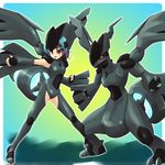  armor blue_hair gloves moemon no_pants open_mouth personification pokemon pokemon_(game) pokemon_black_and_white red_eyes wings zekrom 