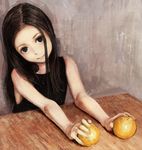  artist_request bare_shoulders black_eyes black_hair child derivative_work face food foreshortening fruit hands holding holding_food holding_fruit long_hair orange original photo-referenced smile solo 