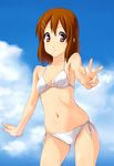  bikini breasts brown_eyes brown_hair cleavage cloud day foreshortening hair_ornament hairclip halterneck highres hirasawa_yui k-on! navel norizou_type-r short_hair side-tie_bikini sky small_breasts smile solo swimsuit v white_bikini 