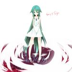  bad_id bad_pixiv_id barefoot dress flat_chest green_eyes green_hair long_hair ribbon saya saya_no_uta solo sundress very_long_hair water wings yuuti 