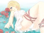  blonde_hair blue_eyes blush flowers foreshortening kagamine_rin ribbon rose short_hair sun_dress vocaloid water 