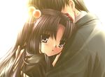  1girl clannad couple game_cg hair_bobbles hair_ornament hetero hug ichinose_kotomi official_art okazaki_tomoya tears 