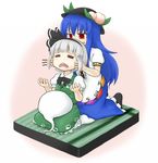  :&lt; =_= blue_hair cheek_pinching chestnut_mouth chibi commentary_request hairband hat hinanawi_tenshi kneeling konpaku_youmu konpaku_youmu_(ghost) long_hair multiple_girls nice pinching red_eyes short_hair silver_hair touhou 