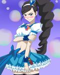  angry artist_request black_hair blue_eyes blue_skirt blush cellphone cosplay crop_top cure_berry cure_berry_(cosplay) drill_hair embarrassed fresh_precure! frilled_skirt frills hair_ornament hairband heart heart_hair_ornament highres kumashiro_maya magical_girl midriff navel no_choker phone ponytail precure ribbon seikimatsu_occult_gakuin side_ponytail skirt solo source_request thighhighs wrist_cuffs 