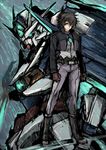  1boy belt black_hair gloves gundam gundam_00 gundam_00_a_wakening_of_the_trailblazer male_focus mecha moto_murabito setsuna_f_seiei traditional_media uniform 