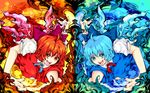  achi_cirno ahoge alternate_color alternate_element blue_dress bow cirno dress dual_persona fiery_wings fire hair_bow highres ice multiple_girls nanami_(nanami811) polar_opposites red_dress red_eyes red_hair ribbon short_hair symmetry touhou wings 