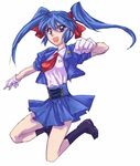  blue_eyes blue_hair gloves hair_ribbon jumping mio_sasuga necktie ribbon socks solo super_robot_wars super_robot_wars_the_lord_of_elemental twintails 