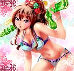  bikini bracelet brown_eyes brown_hair jewelry layered_bikini long_hair nagare original polka_dot polka_dot_bikini polka_dot_swimsuit ponytail side-tie_bikini solo striped striped_bikini striped_swimsuit swimsuit water_gun 