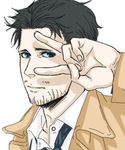  beard black_hair blue_eyes castiel face facial_hair hands long_coat male_focus necktie solo supernatural_(tv_series) v v_over_eye vvvv4242 