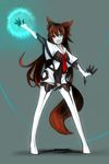  animal_ears bad_id bad_pixiv_id black_sclera blue_eyes brown_hair elbow_gloves fang ganesagi gloves heterochromia highres long_hair mismatched_sclera necktie original red_eyes solo tail thighhighs very_long_hair werewolf wolf_ears wolf_tail 
