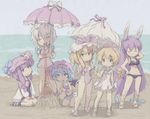  alice_margatroid animal_ears bat_wings beach bikini blood bunny_ears izayoi_sakuya matching_shanghai multiple_girls nosebleed ocean oto parasol patchouli_knowledge reisen_udongein_inaba remilia_scarlet sand_castle sand_sculpture shanghai_doll swimsuit touhou umbrella wings yakumo_yukari 