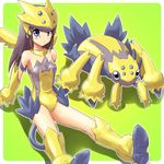  black_hair blue_eyes bug choker galvantula gen_5_pokemon gloves helmet leotard moemon personification pokemon pokemon_(creature) shoes sitting spider tenjou_ryuka yellow_leotard 