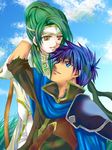  1girl blue_eyes blue_hair couple elincia_ridell_crimea fire_emblem fire_emblem:_akatsuki_no_megami fire_emblem:_souen_no_kiseki green_hair headband hetero holy_pledge ike lowres orange_eyes pegasus_knight 