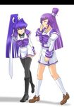  blush boots koubuin_yuuhi long_hair minarai mitsurugi_meiya multiple_girls muvluv ponytail purple_hair school_uniform smile thighhighs 