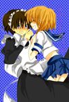  1girl artist_request closed_eyes couple crossdressing hetero higurashi_no_naku_koro_ni maebara_keiichi maid orange_hair ryuuguu_rena school_uniform serafuku short_hair take_it_home 