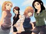  bare_shoulders belt blonde_hair brown_hair hasegawa_haruka hirooka_aya kuji lipstick long_hair makeup moyashimon multiple_girls mutou_aoi oikawa_hazuki pencil_skirt short_hair skirt sleeveless sleeveless_turtleneck thighhighs turtleneck 