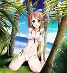  aqua_eyes bad_id bad_pixiv_id beach bikini blush breasts brown_hair cleavage cloud covered_nipples day dutch_angle front-tie_top hair_ribbon kneeling large_breasts leaf light_brown_hair long_hair misaki_takahiro navel ocean original outdoors palm_tree ribbon see-through side-tie_bikini sky solo string_bikini swimsuit tree 