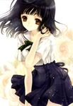  azumi_tooru black_hair brown_eyes copyright_request flower highres school_uniform short_hair skirt smile solo 