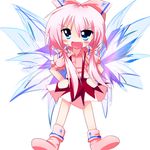  bangs blue_eyes bow cirno fang fujiwara_no_mokou fusion haiiro_(immature) hands_on_hips if_they_mated lowres open_mouth pink_hair solo suspenders touhou wings 