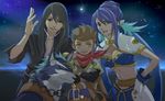  2boys blue_hair breasts dog gloves image_sample judith karol_capel kiseru md5_mismatch medium_breasts midriff multiple_boys pipe pixiv_sample pointy_ears red_eyes repede smile smoking tales_of_(series) tales_of_vesperia yuri_lowell yuyo 