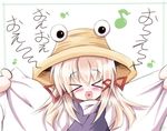 &gt;_&lt; blonde_hair closed_eyes eighth_note hat heart heart_in_mouth moriya_suwako musical_note open_mouth satou_kuroon solo touhou 