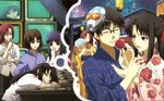  aozaki_touko artist_request asagami_fujino cigarette closed_eyes dreaming fan food fujou_kirie glasses japanese_clothes kara_no_kyoukai kimono kokutou_azaka kokutou_mikiya multiple_girls paper_fan ryougi_shiki sleeping smoking uchiwa wallpaper 