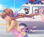  4girls apron bow clannad company_connection crossover furukawa_sanae ground_vehicle inohara_masato key_(company) little_busters! md5_mismatch miyazawa_kengo motor_vehicle multiple_boys multiple_girls naoe_riki natsume_kyousuke natsume_rin noumi_kudryavka pink_bow running saigusa_haruka tears van zen 