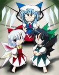  &gt;:) :3 barefoot black_hair black_wings blue_hair bow chibi cirno flandre_scarlet green_bow hair_bow hat if_they_mated kieyza multiple_girls red_eyes reiuji_utsuho smile touhou v-shaped_eyebrows wings 